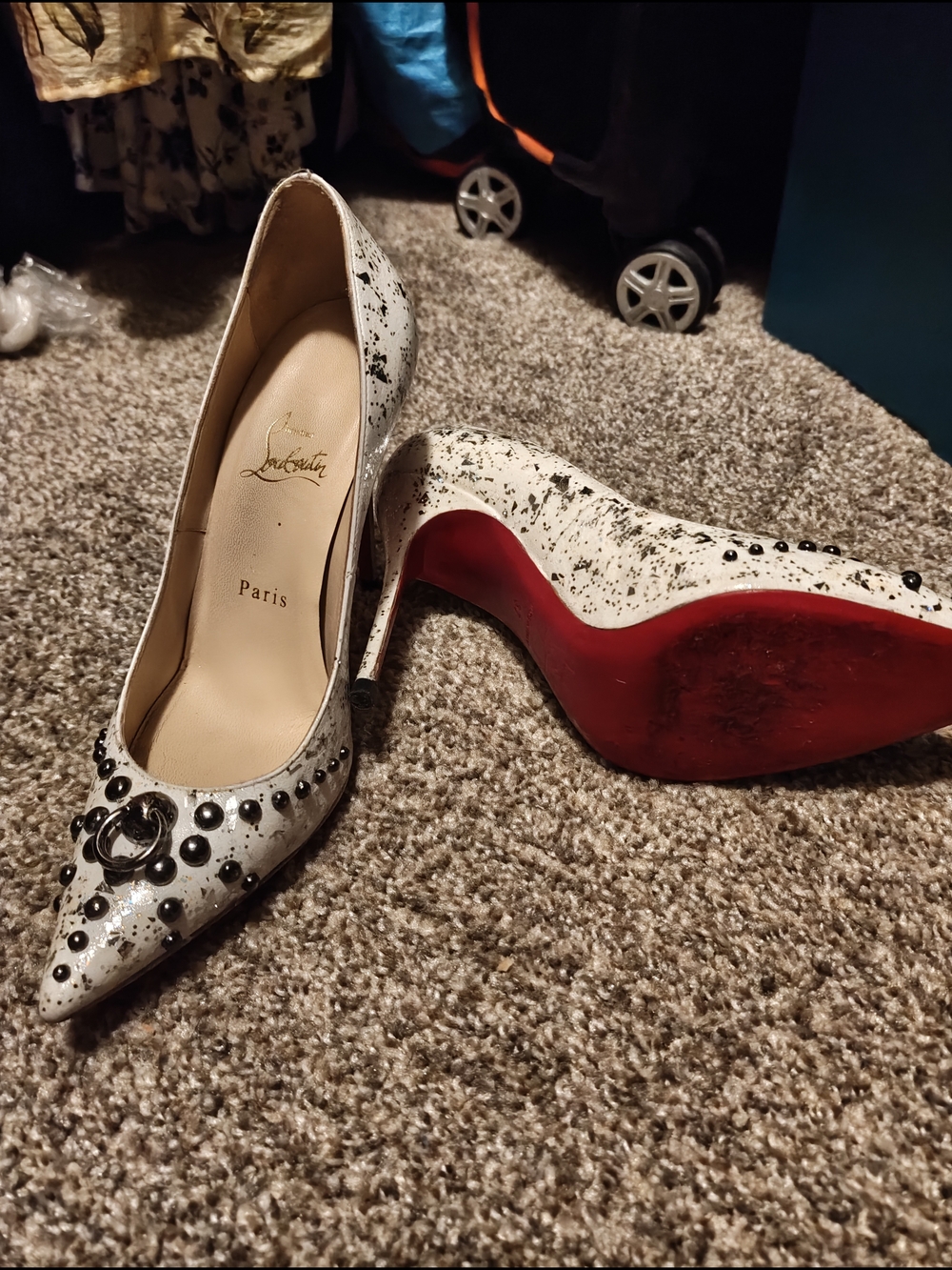 Authentic Christian Louboutin White Studded Pointed-Toe Pumps - Picture 2 of 3